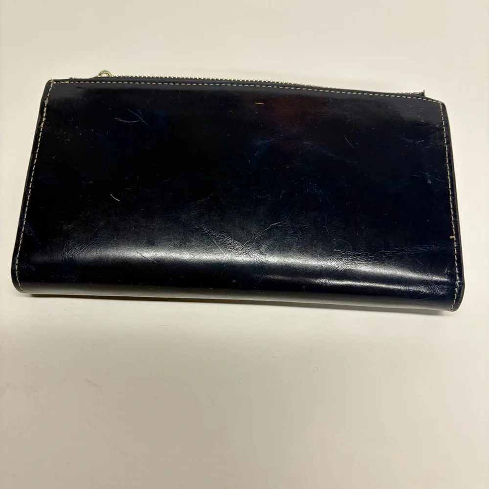 Navy Leather Wallet with Gold Zipper Clutch cardholder - Picture 2 of 10